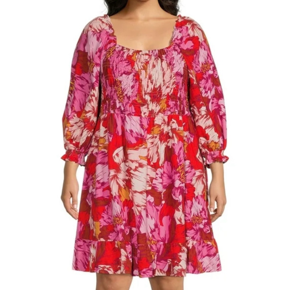 NWT The Get square neck Floral Pink and Red Dress L